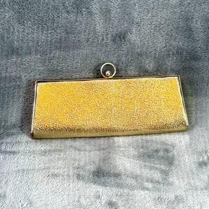Vintage Gold Metallic Clutch Evening Bag Kiss Lock Ball Clasp Satin MCM Glam